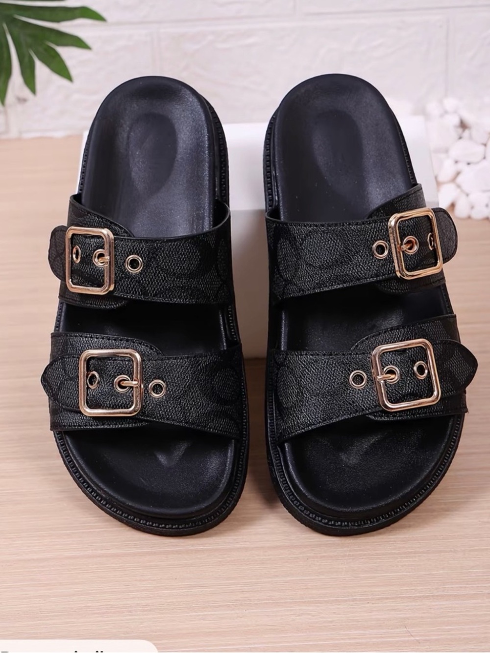Open Toe Double Buckle Sandals for Women’s Size 38.5 Black